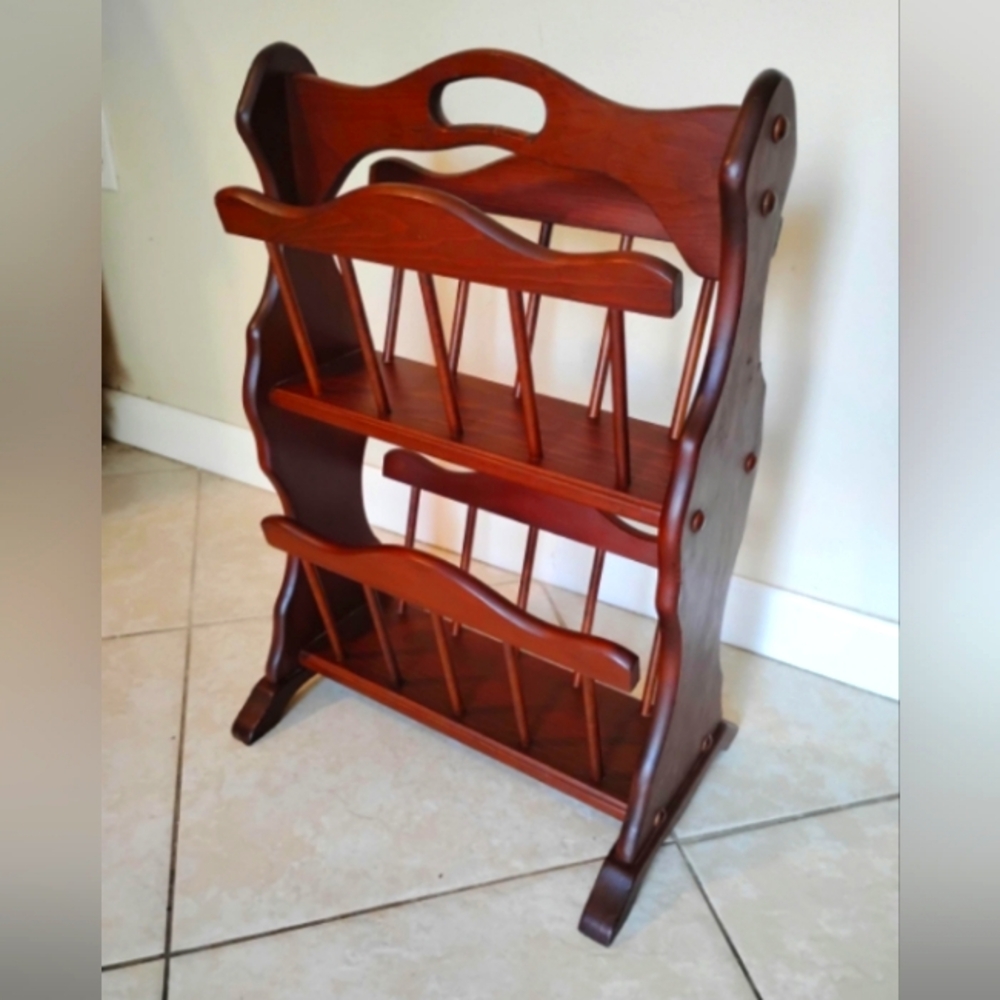 Vintage Wooden Magazine Rack Two Tiers Colonial Style Magazine Rack Dark Wood